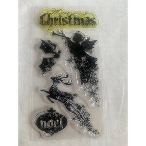 Merry Christmas Angel Clear Cling Stamps Set Holly Reindeer Holiday Design